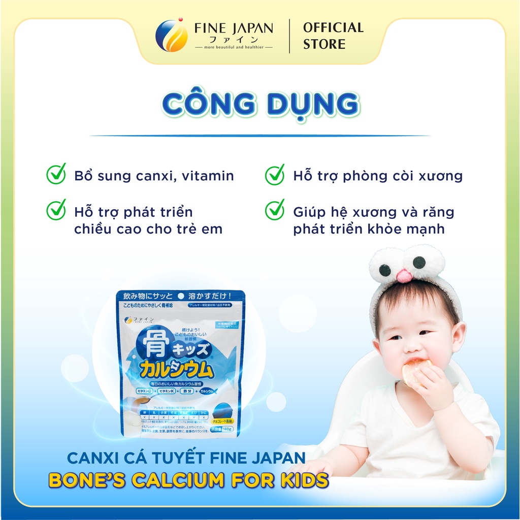 [Vị Sô-cô-la] Bột Canxi Cá Tuyết Fine Bone's Calcium For Kids Gói 140G Bổ Sung Canxi Phát Triển Chiều Cao