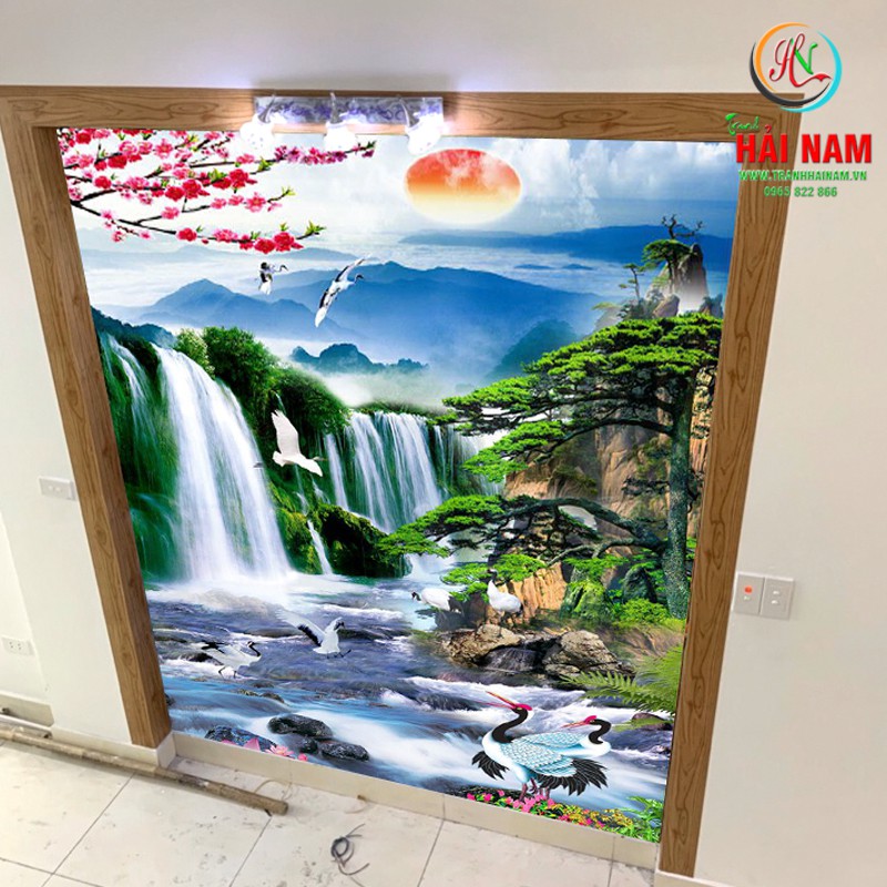 Tranh dán tường 3D phong thuỷ thác nước - vải lụa kim sa -Tranh Hải Nam