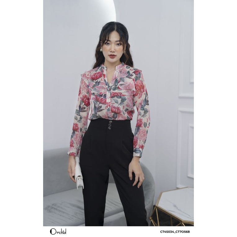 Áo sơ mi nữ dài tay họa tiết hoa hồng, cổ bèo nữ tính. Vải lụa cao cấp - Orchid CT4S034