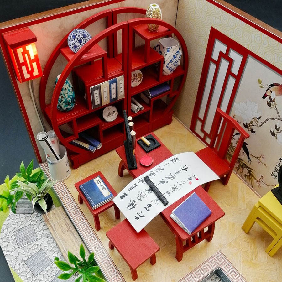 Mô hình nhà búp bê lắp ghép có đèn Led Mẫu Phòng Sách Tặng kèm mica và dụng cụ lắp ghép ToystationVN