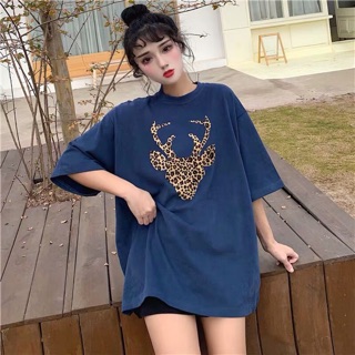 (Order + ảnh tự chụp) Áo phông nhiều màu hình hươu dáng rộng có size . Sẵn màu xanh size L