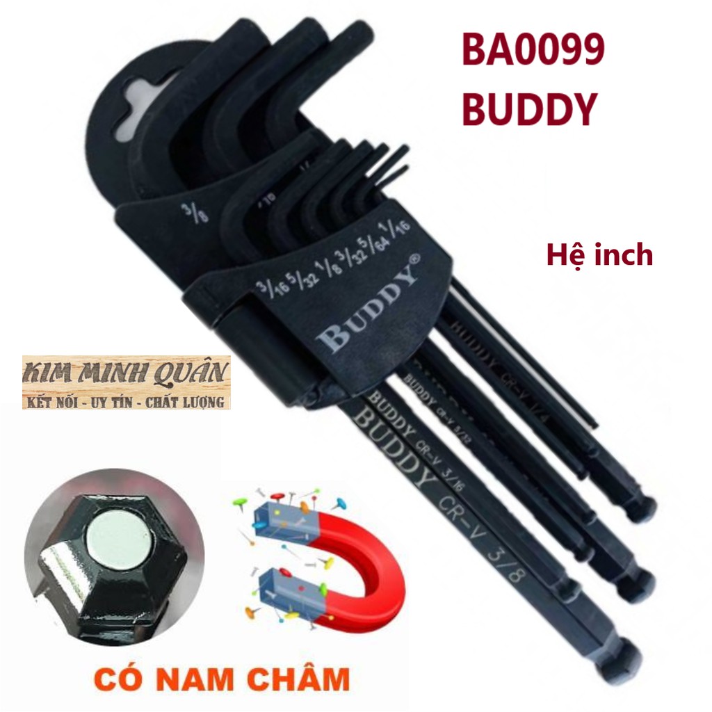 Bộ Lục Giác Đầu Bi Thép Đen 9 Cây Hệ inch Có Nam Châm 1/16&quot;~3/8&quot; BA0099 BUDDY