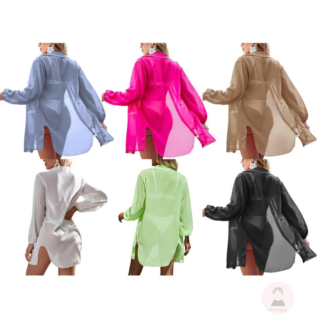 Áo Khoác Ngoài Bikini Tay Dài Dáng Rộng Cài Khuy Màu Trơn Thời Trang Mùa Hè Cho Nữ