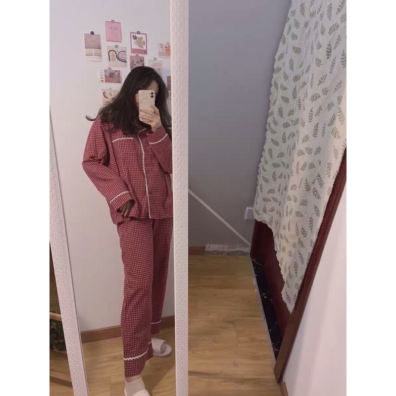 [Sẵn] BN2_Bộ Ngủ pijama, đồ mặc nhà dài tay kẻ caro đỏ cao cấp