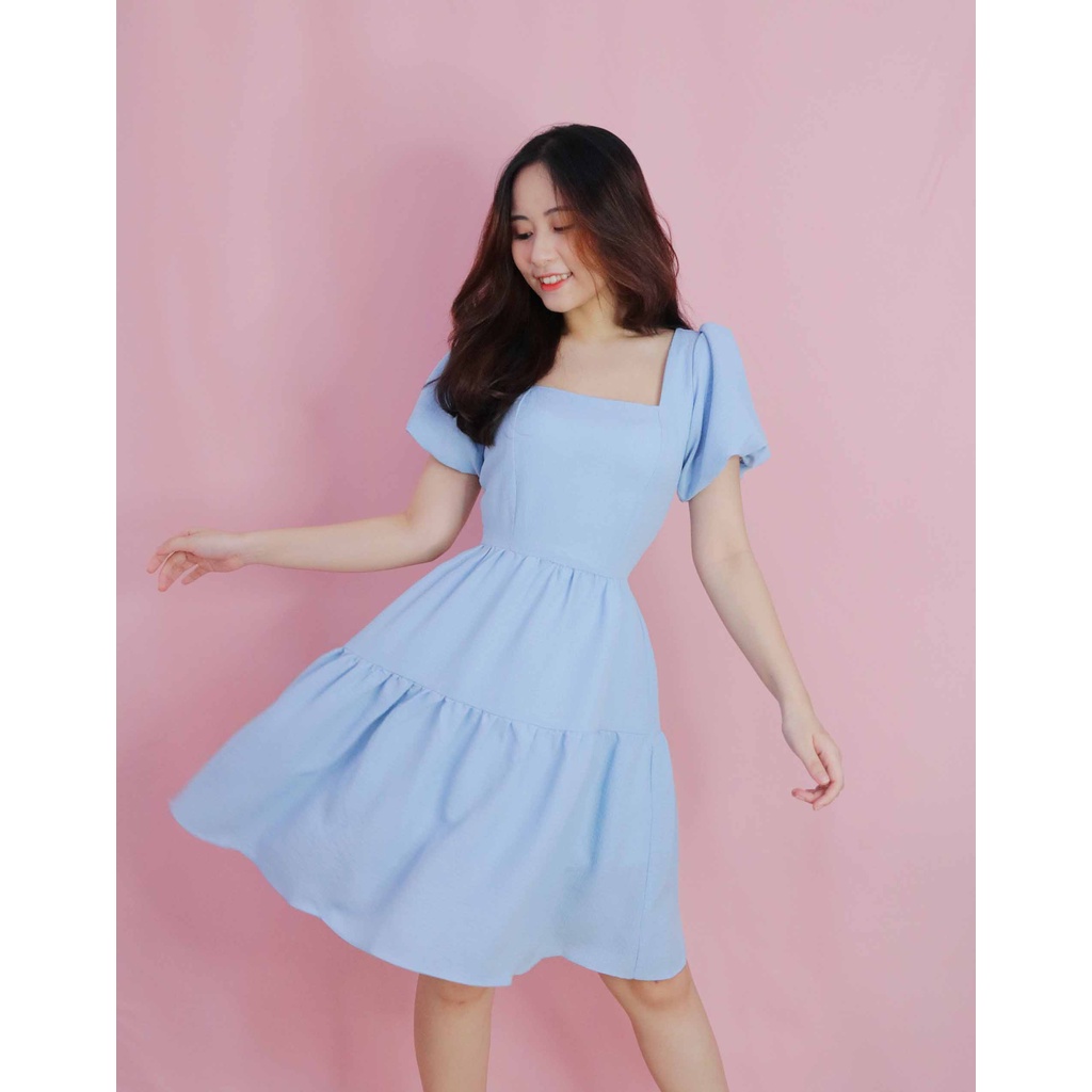 Đầm xanh xòe cổ vuông tay phồng dự tiệc sang trọng thiết kế thanh lịch eo che bụng hợp dự tiệc cưới – Thời trang Lux W