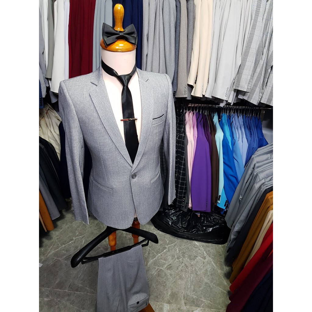 Bộ vest nam ôm body màu xám ghi chất liệu vải nhập cao cấp dày mịn + cà vạt nơ kẹp