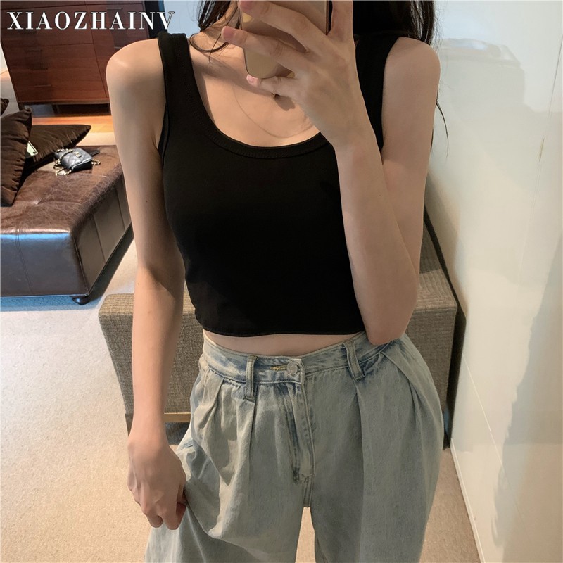 Áo crop top Xiaozhainv không tay phong cách Hàn Quốc đơn giản thời trang