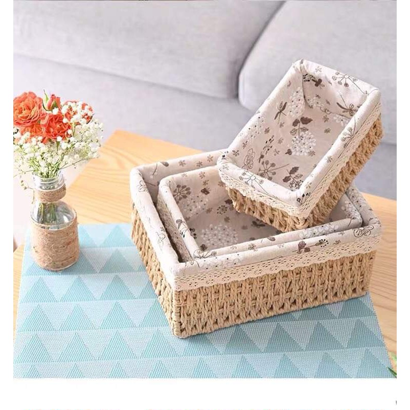 Giỏ cói vintage có vải lót hình chữ nhật, giỏ đi picnic, trang trí nhà cửa (Rổ cói lót vải)