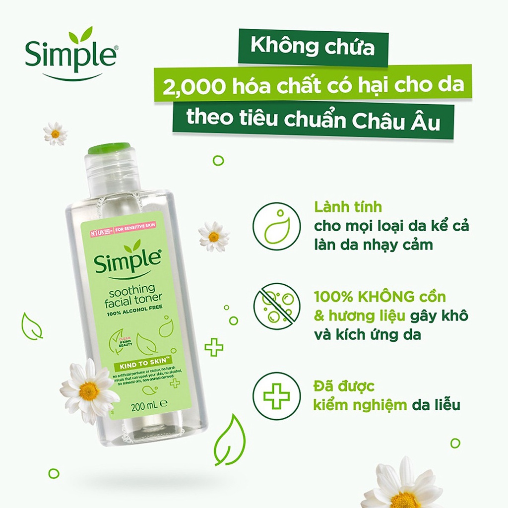 Toner Simple se khít lỗ chân lông Nước hoa hồng cân bằng độ ẩm lành tính - Xuất xứ UK