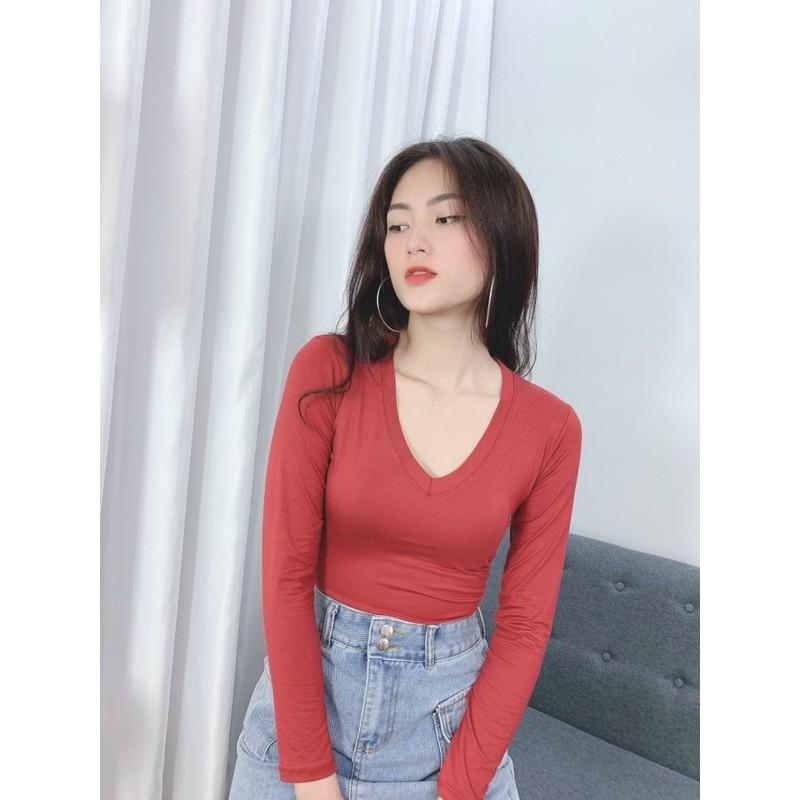 Áo thun body tay dài cổ tim dáng dài