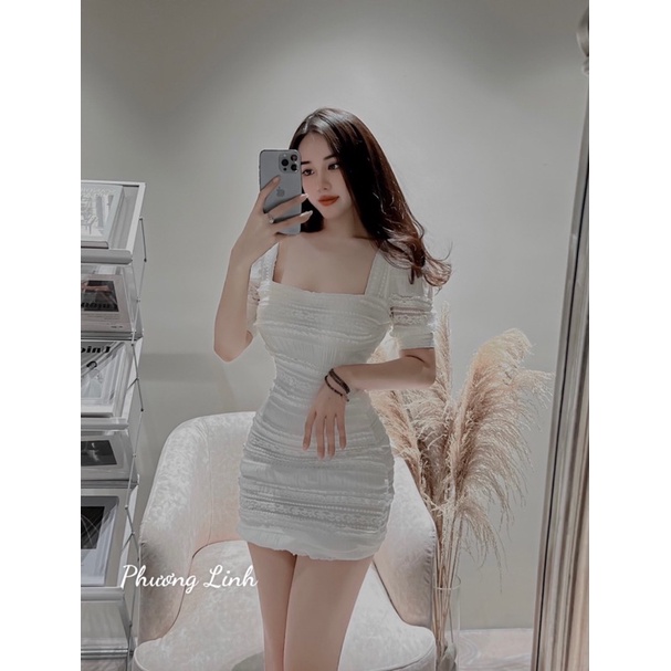 Váy ren cổ vuông tay bồng 2 màu siêu xinh