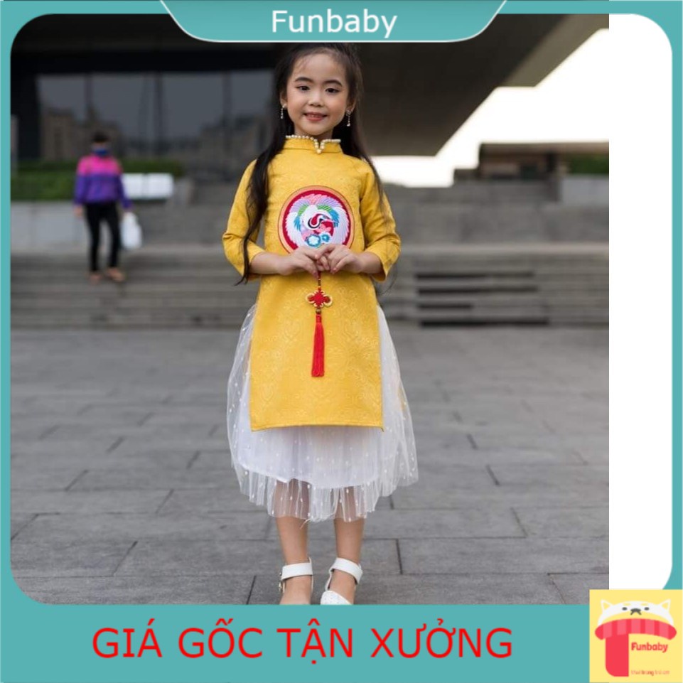 Áo dài tết cho bé gái 2-12 tuổi gấm Hàn vàng thêu đáp chim hạc đào