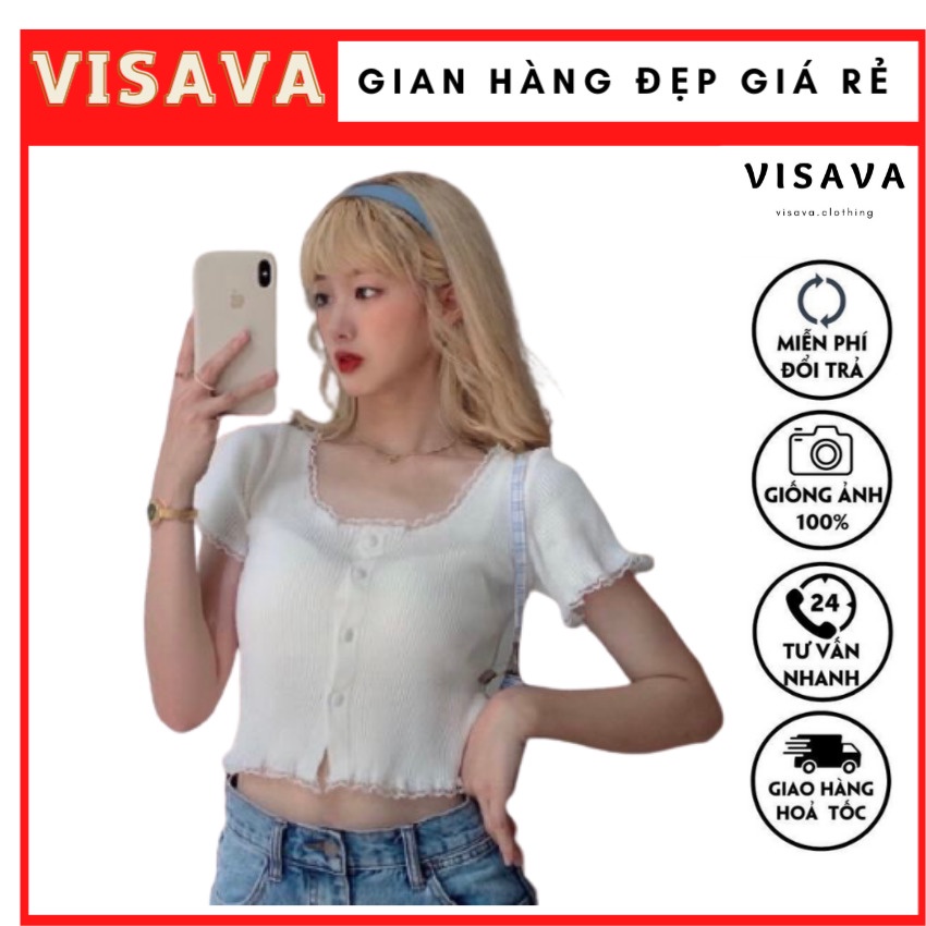 Áo kiểu croptop nút phối ren croptop  phôm dưới 50kg Trắng đen xanh hót 2022
