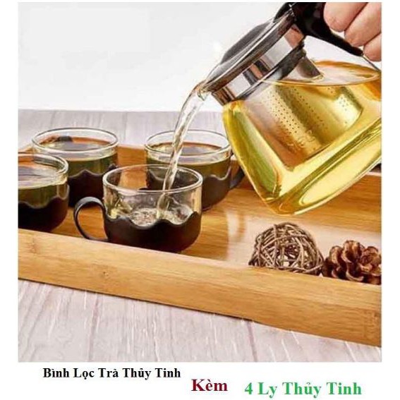 Bình trà thủy tinh 700ml cao cấp kèm 4 cốc và lọc inox chống han gỉ