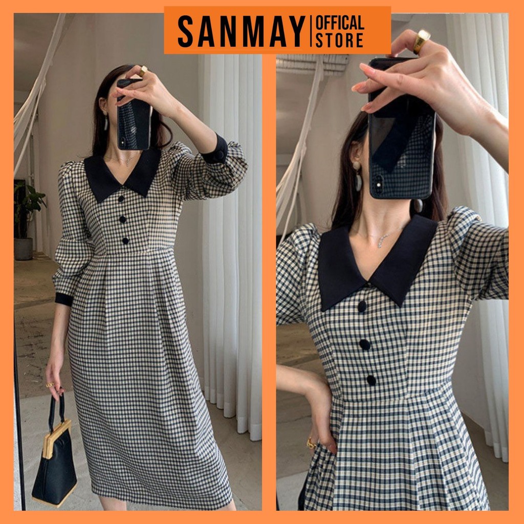 Váy Công Sở Kẻ Caro Dài Tay Dáng Suông SANJOLI Đầm Thiết Kế Bo Cổ Tay Sang Chảnh VD057