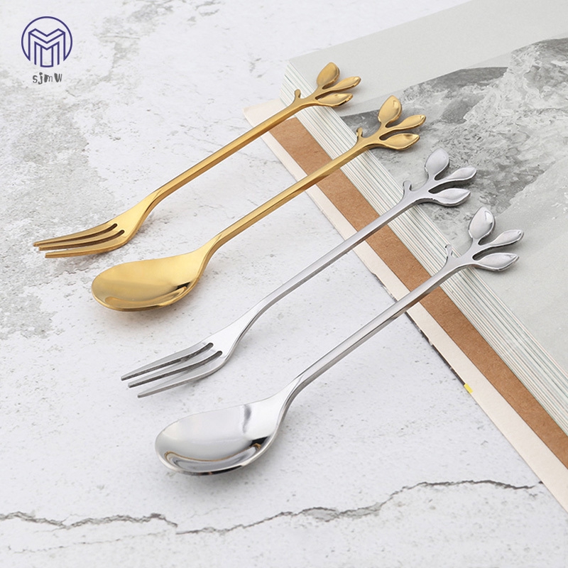 ☆SJMW☆ 1 Pcs Stainless Steel Leaves Spoon Fork Coffee Tea Spoons Ice Cream Dessert Cake