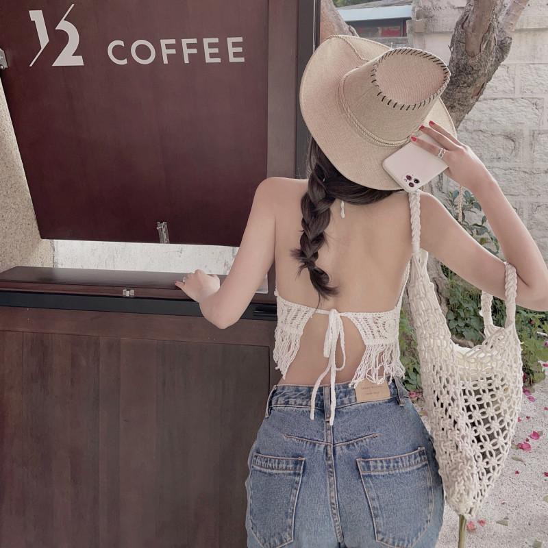 Suspended vest women wear summer neck hanging outside and seaside chest pad short fringed beautiful back lace-up white top