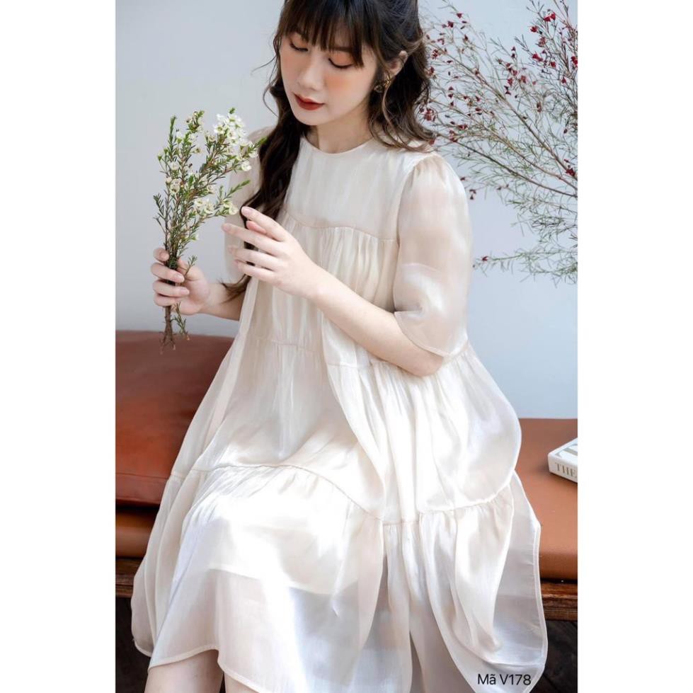 Đầm bầu dự tiệc cao cấp organza 🍅 FREESHIP 🍅 đầm bầu xinh công sở màu be nhạt Xinh