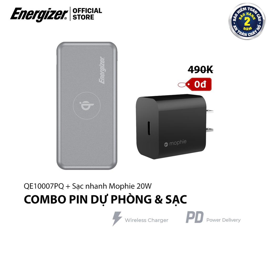 Combo sạc dự phòng không dây Energizer 10000mAh QE10007PQ + cốc sạc Mophie 20W - Hàng Chính Hãng, Bảo Hành 2 Năm 1 Đổi 1