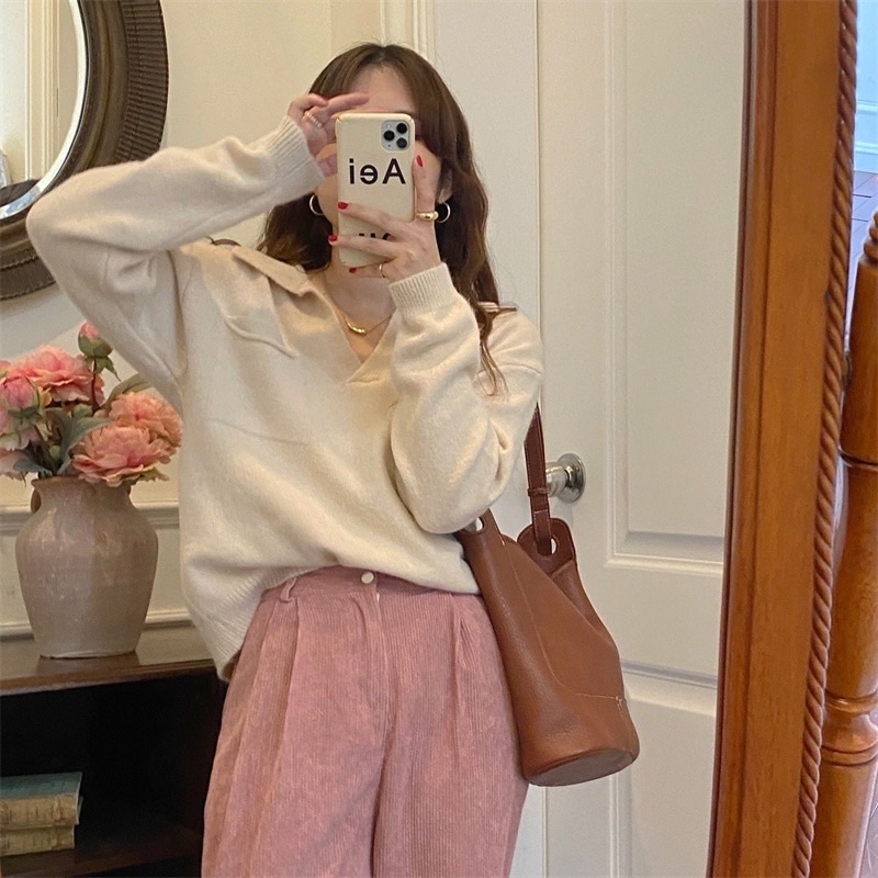 [CÓ SẴN+ẢNH THẬT] Áo len nữ form rộng cổ V mix túi ngực mẫu 2021 | BigBuy360 - bigbuy360.vn