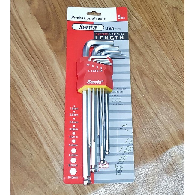 BỘ LỤC GIÁC ĐẦU BI 9 MÓN THÉP MỜ Vỉ Nhựa Màu Đỏ Gấp Gọn