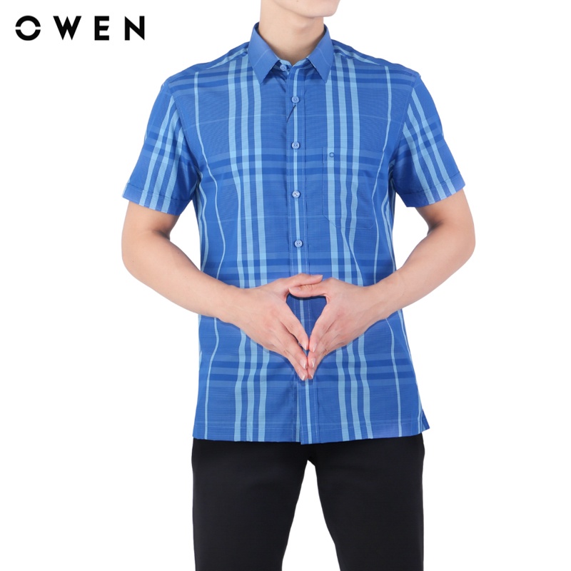 Áo sơ mi Ngắn tay Owen Ngải cứu Body Fit màu Xanh caro - BA22957NT