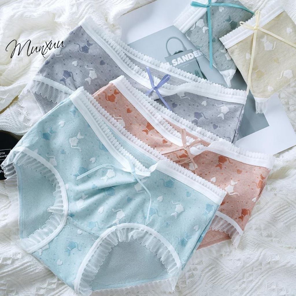 Quần lót Cotton cao cấp phối ren MUNXUU họa tiết mèo thương, gam màu pastel ngọt ngào - QC85