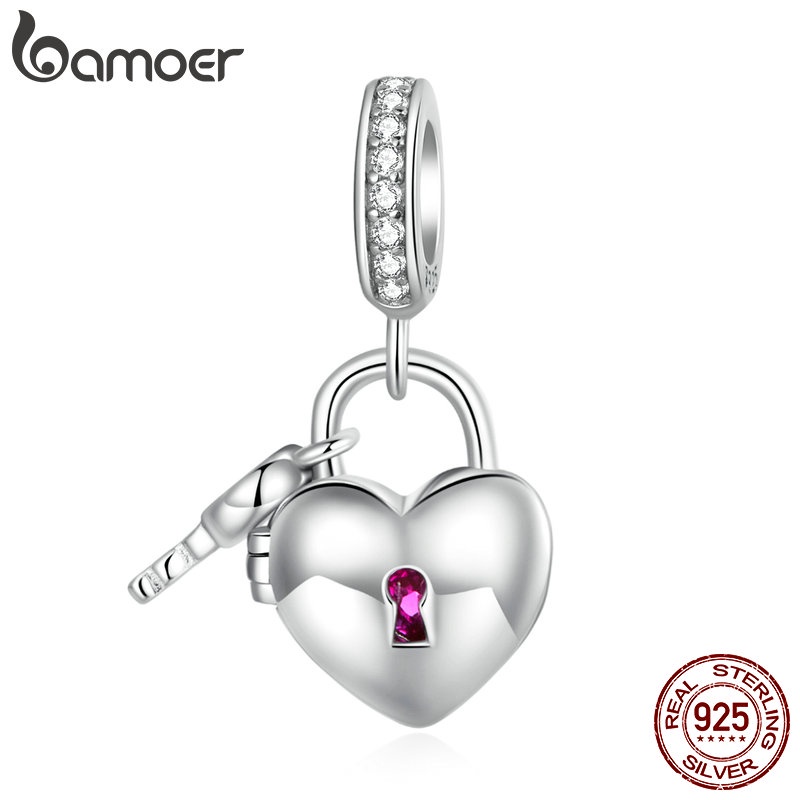 Mặt vòng tay BAMOER bạc 925 hình ổ khóa trái tim và chìa khóa DIY dành cho nữ