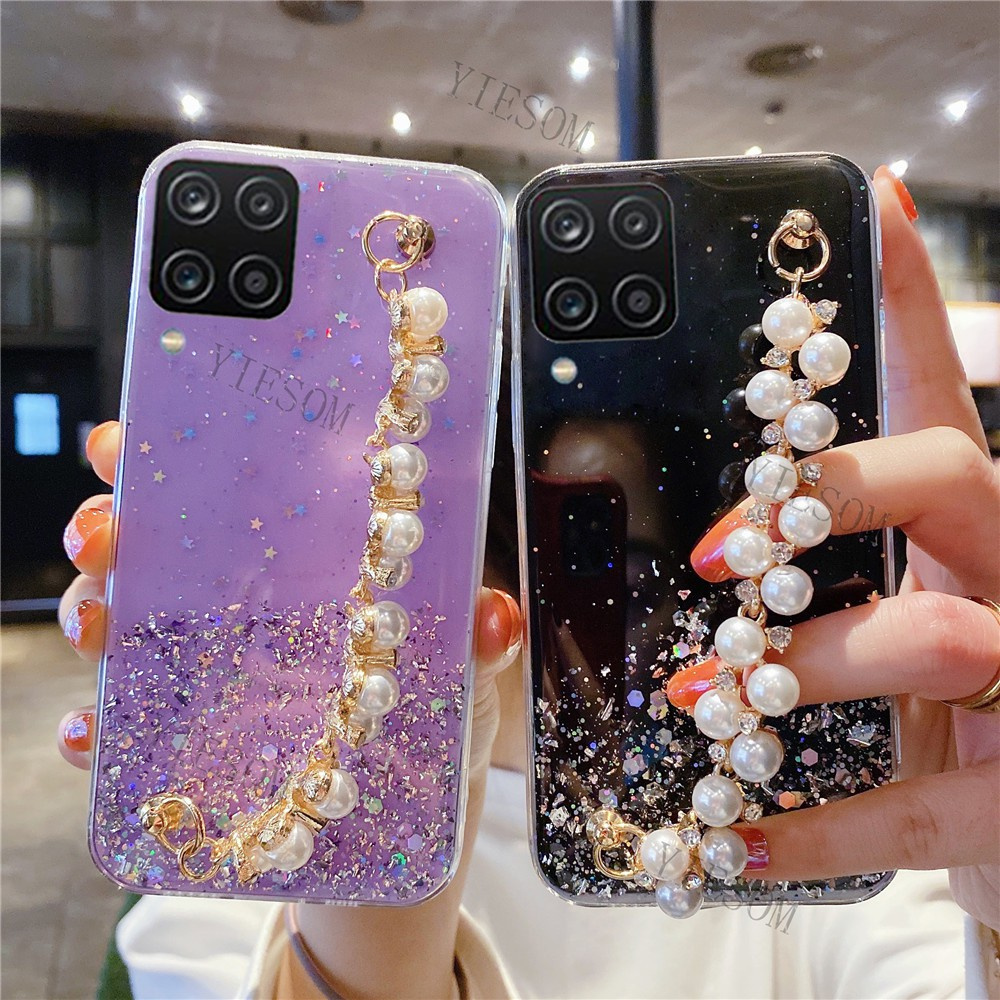 Ốp điện thoại silicon mềm kim tuyến lấp lánh có vòng đeo tay ngọc trai cho Samsung Galaxy A12 A42 5G