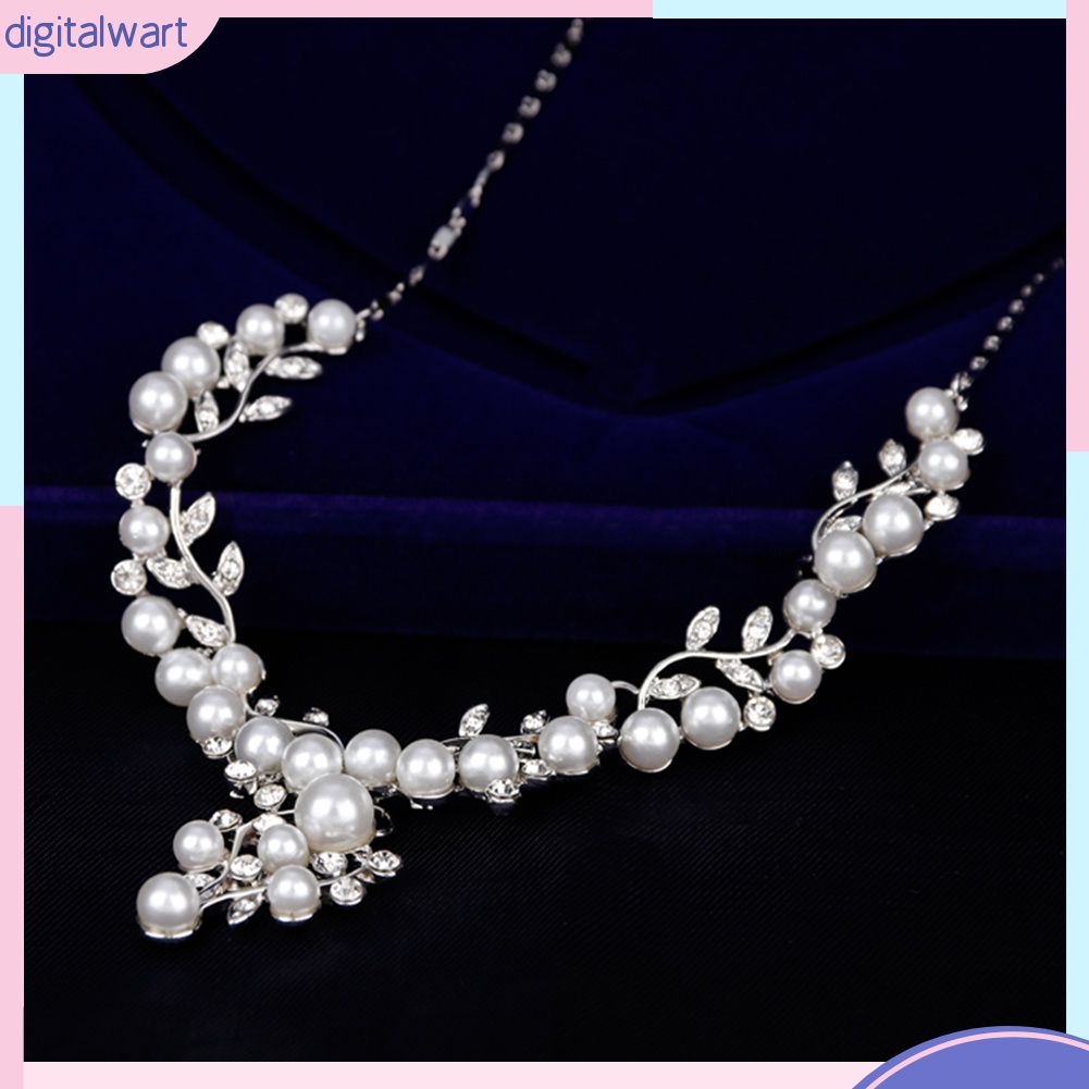 Bộ Vòng cổ + Bông Tai Hình Chiếc Lá Đính Kim Cương Giả &amp; Ngọc Trai Giả Cho Nữ