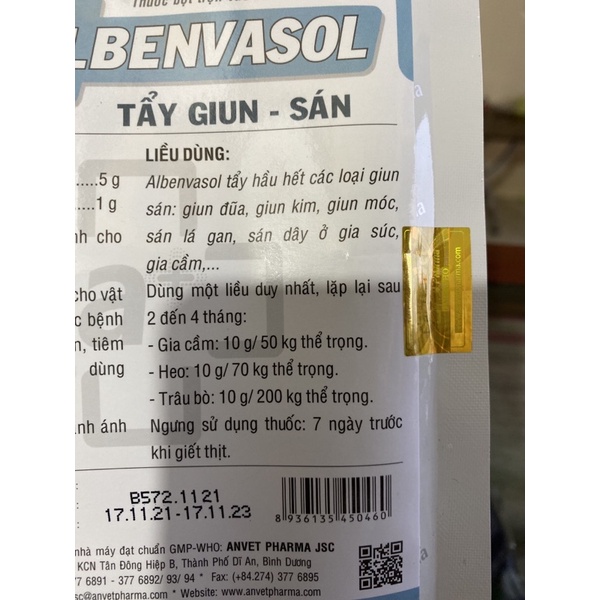 Albenvasol 100gram -gi.un s.án dùng cho gia cầm, gia súc