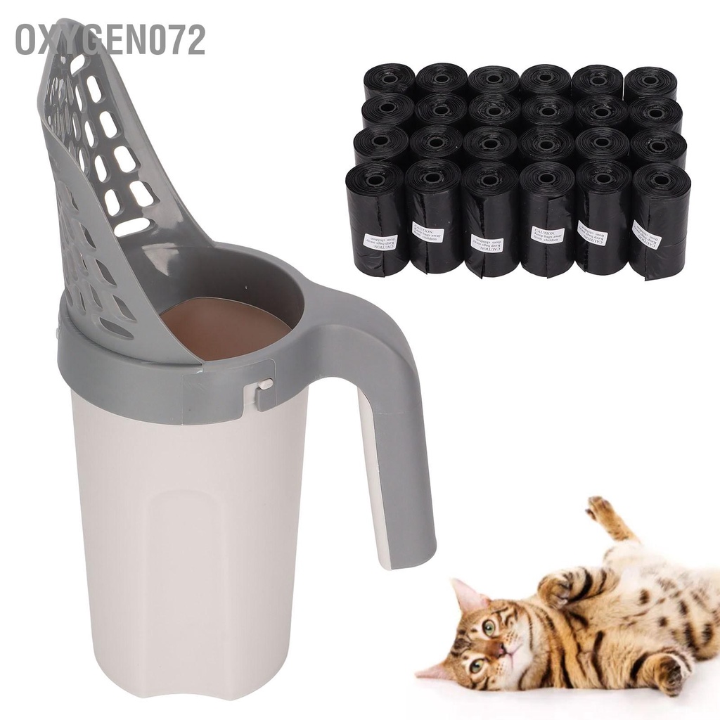 Oxygen072 Máy xúc cát cho mèo bằng nhựa Tích hợp Xẻng rây có thể tháo rời với túi rác để đi dạo tại nhà