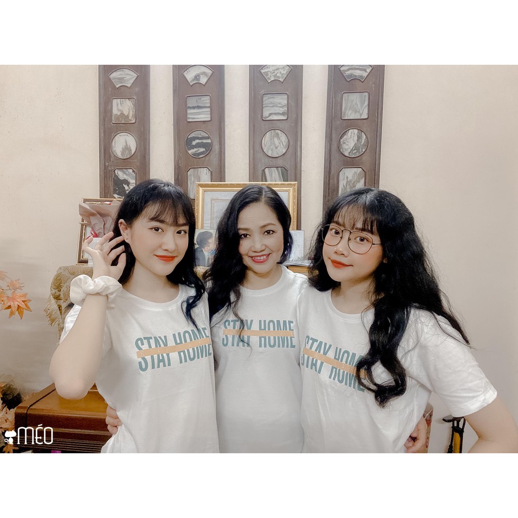 Áo thun tay lỡ Méo shop phông nữ cổ tròn cotton in chữ Stay home freesize form rộng