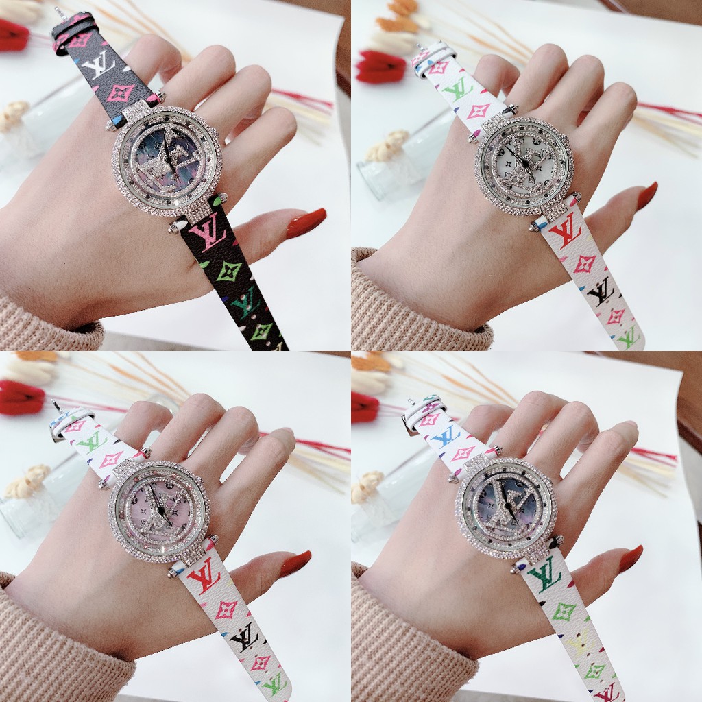 Đồng Hồ Nữ LV Dây Da - Viền Nạm Đá - Size 34mm