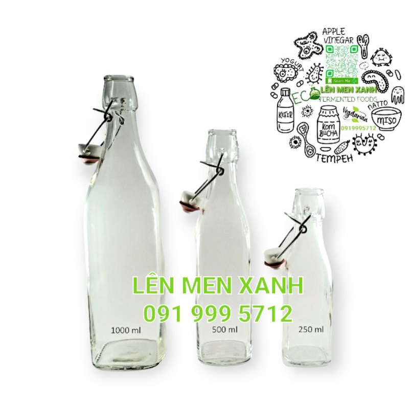 CHAI THỦY TINH NẮP CÀI GÀI TRONG SUỐT LÊN MEN KOMBUCHA, KEFIR, BIA, NƯỚC ÉP, DETOX, GIẤM, DẦU, MẬT ONG, SỮA, ...