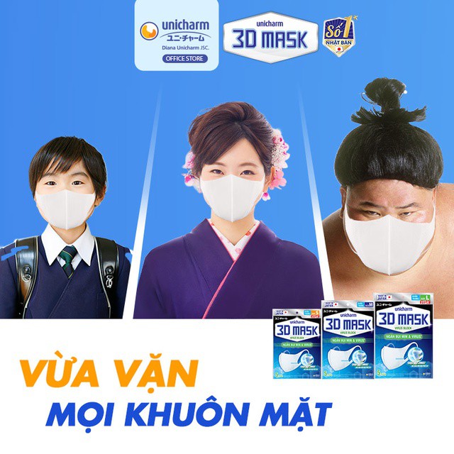 Khẩu trang ngăn vi khuẩn Unicharm 3D Mask Virus Block size M gói 5 cái