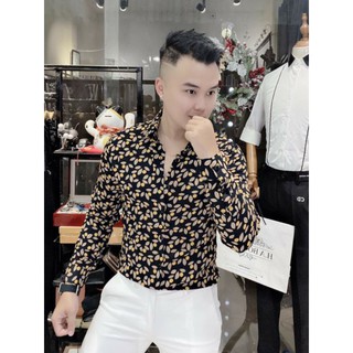 Áo sơ mi nam tay dài vải lụa hoạ tiết lá
