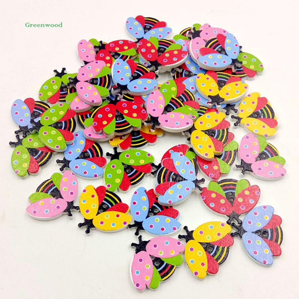 Set 100 Nút Gỗ 2 Lỗ Hình Dáng Chú Bọ Cánh Cứng Dễ Thương Đa Dụng