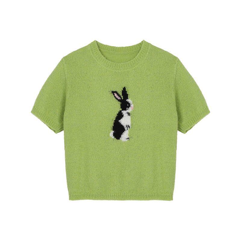 Áo Thun Dệt Kim Tay Ngắn Họa Tiết Thỏ/Quả Bơ Phong Cách Thời Trang Mùa Xuân Dành Cho Nữ