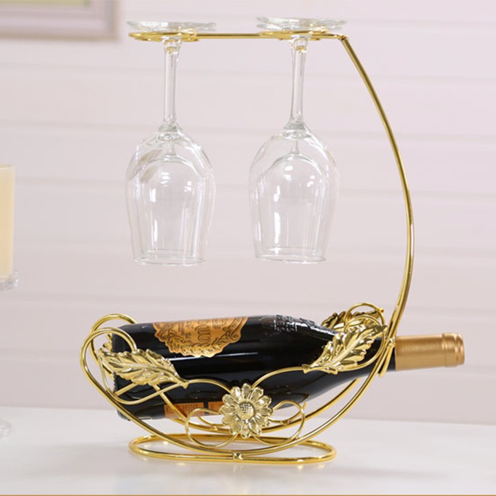 Kệ để vang kèm giá treo 4 ly vang - Giá đỡ vang có móc treo 4 ly trang trí bàn ăn & quầy bar