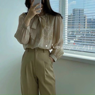sơ mi cổ nơ màu be