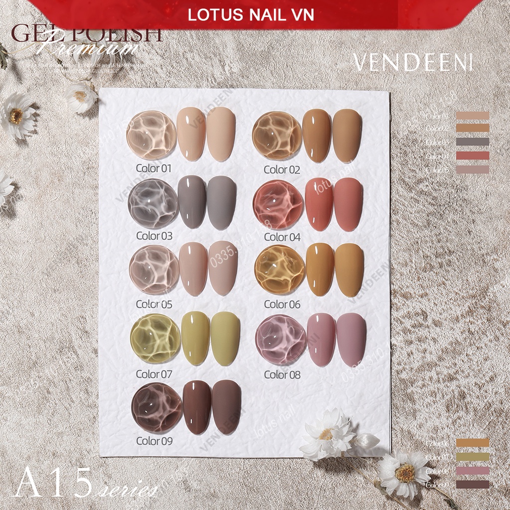 Set sơn gel cao cấp 9 màu Vendeeni mã A15 tặng kèm bảng màu sẵn