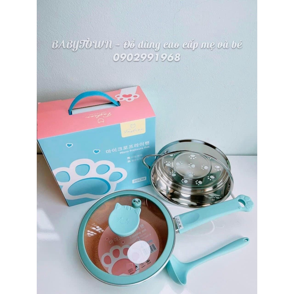 Bộ Nồi Chảo Cho Bé Ăn Dặm, Nồi Chảo Nấu Quấy Fashion Mèo Cao Cấp, Men Đá Chống Dính, Kèm Xửng Hấp