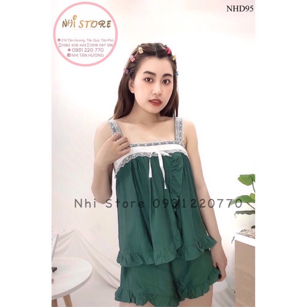 [FREESHIP 50K] Set Bộ Nữ NHISTORE Áo Hai Vai Ren Bản Lá Đắp Quần Ngắn Lai Bèo Vải Xước Gân Bụi Cá Tính 45 - 57 Kg