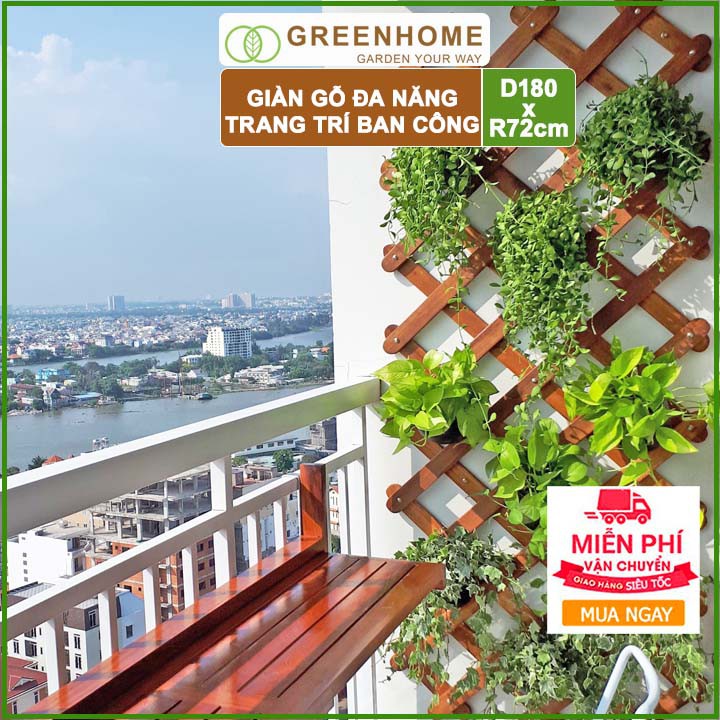 Giàn gỗ treo ban công, R72xC180cm, màu trắng, làm khung hoa hồng leo, cây leo, bông giấy, vách trang trí |Greenhome