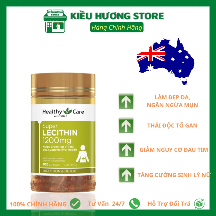 Mầm đậu nành Healthy Care đẹp da, đào thải độc tố gan, cân bằng nội tiết tố- Healthy Care Super Lecithin 1200mg 100 viên