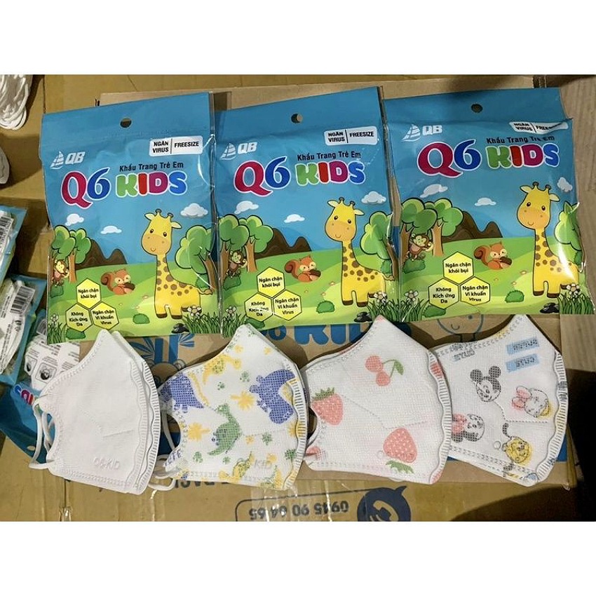 Khẩu trang 6D trẻ em Q6 Kids, túi 10 cái, khẩu trang cho bé 1-5 tuổi, thiết kế ôm kín khuôn mặt bé, nhiều màu đáng yêu