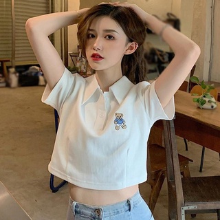 Áo Thun Croptop Cổ Polo Tay Ngắn Phong Cách Hàn Quốc Cho Nữ