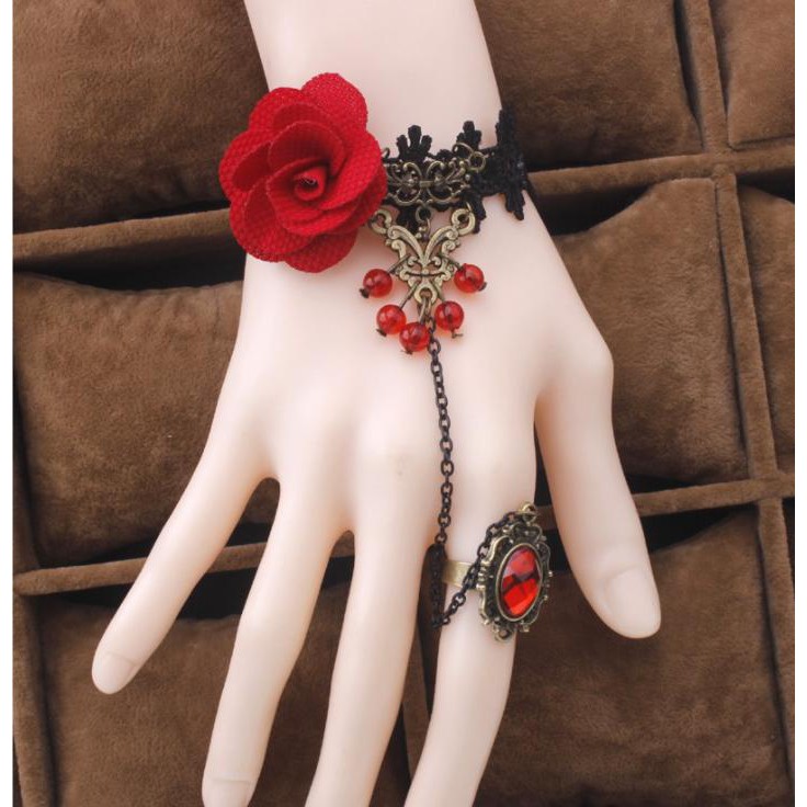 Vòng tay liền nhẫn vòng ren hoa hồng đỏ