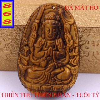[Tuổi Tý] Mặt Dây Chuyền Phật Thiên Thủ Thiên Nhãn đá mắt hổ vàng đen 4.5cm - Mặt Size Lớn - Tặng Kèm Móc Inox